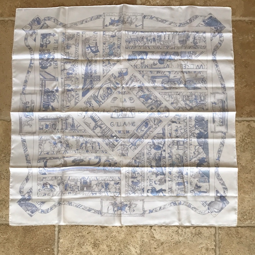 Hermes Scarf ~ Blue & Off White; 34”x34”